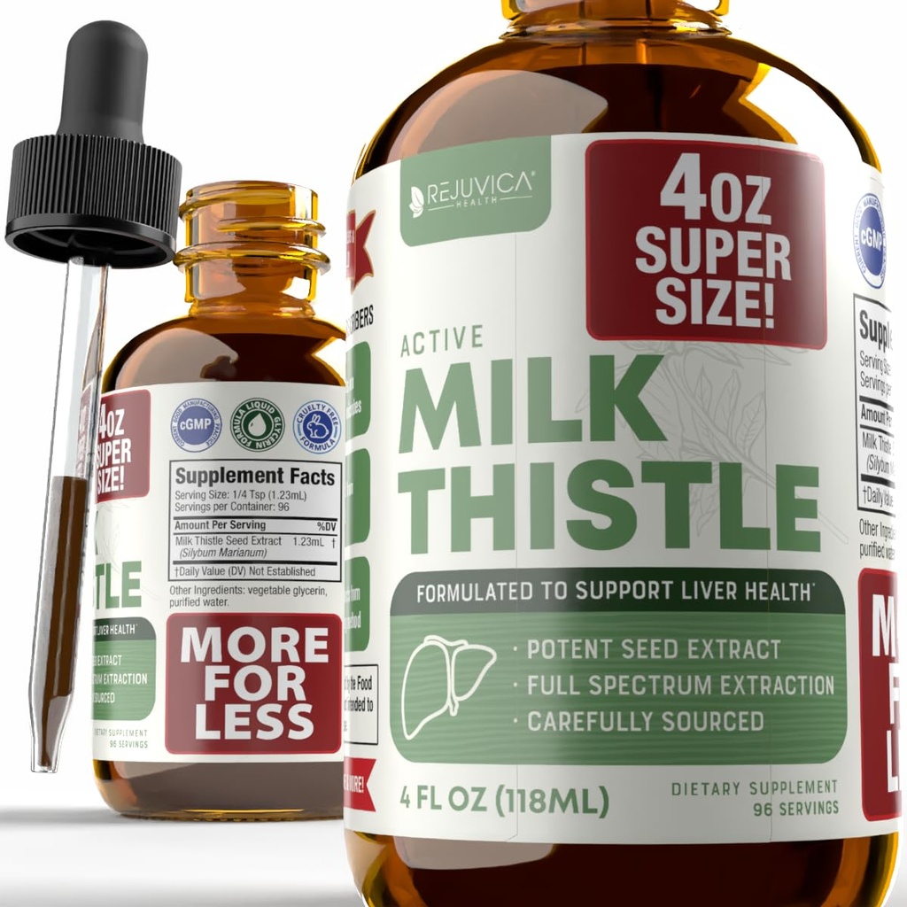 Rejuvica Health Active Milk Thistle 4oz XL Super Size - Advanced Milk Thistle Benih Cair Drops - May Dukung The Liver - Vegan Sugar Free Non GMO Tincture