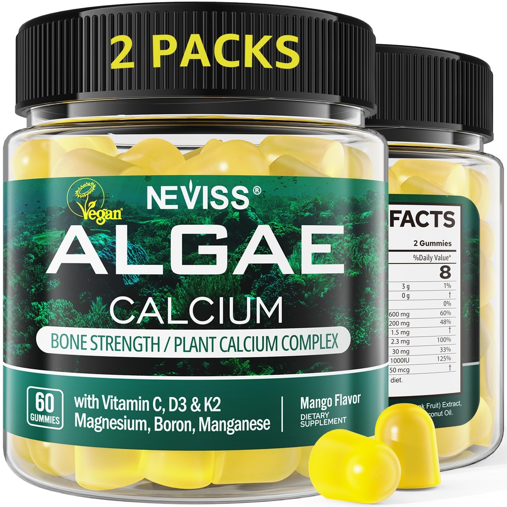 (2 Paket) Calcium Gummies for Women, Sugar Free Calcium Sustainable Algae (3rd Party Test) dengan Vitamin D3 K2, C, Zinc, Boron, Manganese for Bone Energy, Calcium Absoption, Vegan