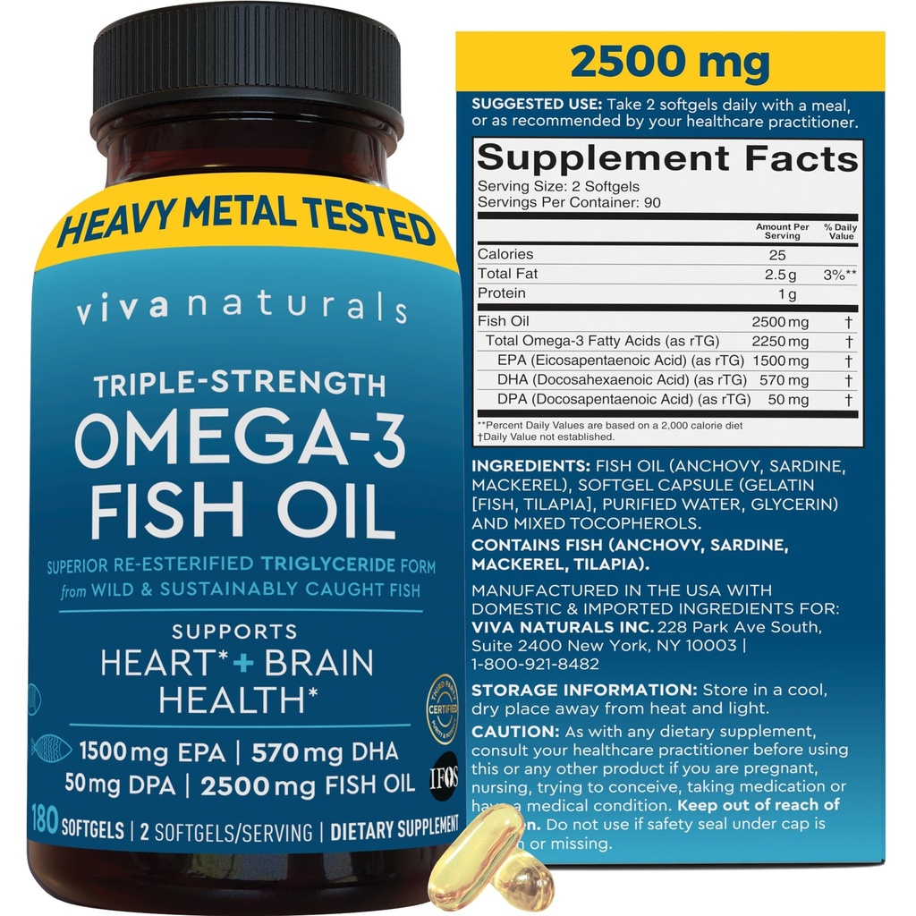 Triple Power Omega 3 Oil Suplemen untuk Pria dan Perempuan - 2500 mg High- Potency, Easy- to Absorb Re- Terdiri Triglyceride Formulir, Pescatarian- Friendly DPA DHA Omega 3 Tambahan, 180 Softgeels
