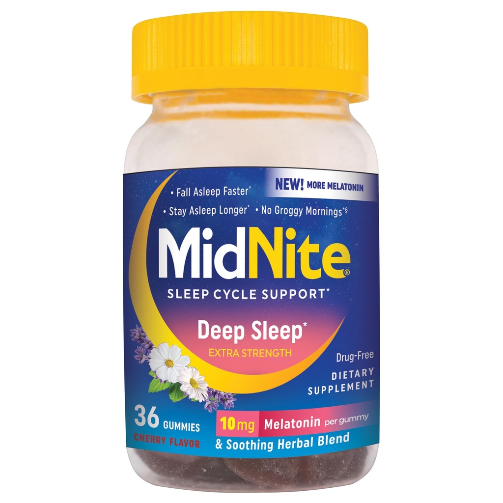 MidNite Deep Sleep Extract Strength, 10 mg Melonatinin Sleep Aid, Non- Habit Forming, Herbal Dietary Suplemen untuk Dewasa, Drug-Free, Gluten- Free, Lactoe- Free, Vegetian - Friendly, 36 Gummies