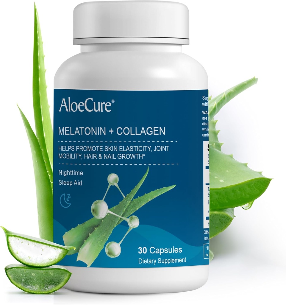 AloCure Natural Melonagein + Collagen with Organic Aloe Vera - Natural Sleep Aid Suplement for Revelful Nights - Collagen Complex for Joint Stronged, Skin Elasticity, Hair & Nail Growth, 30 Capsules