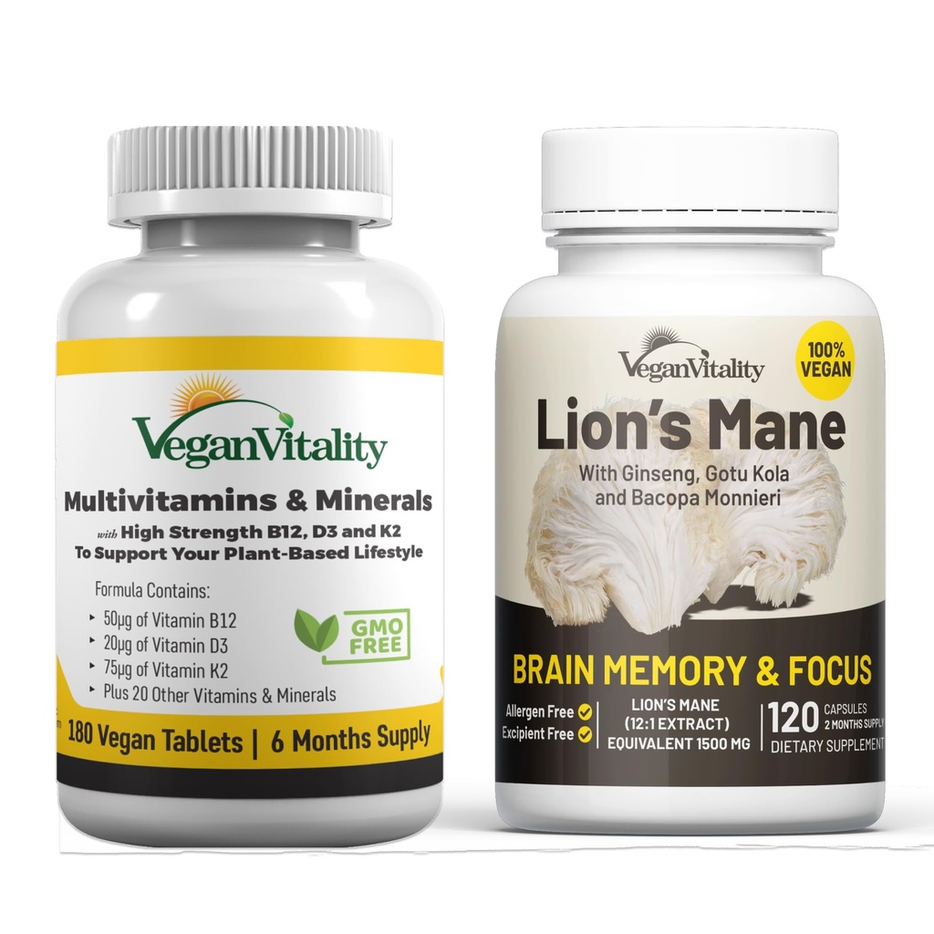 Vegan Vitalitas Otak Nutrition Bundle - Lions Mane Nootropic Capsules dan Vegan Multivitamin. Tumbuhan Berbasis Tinggi Suplemen Memori dan Fokus dan Overall Kesehatan untuk Vegan dan Vegetarians
