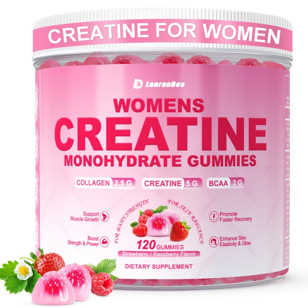 Creatine for Women, Creatine Monohydrate Gummies with Collagen, BCAA, L- Carnitine & Taurine, Strawberry Flavor, Energy Creatine Suppplemen, Energy Boost, Sugar Free, 120 Count