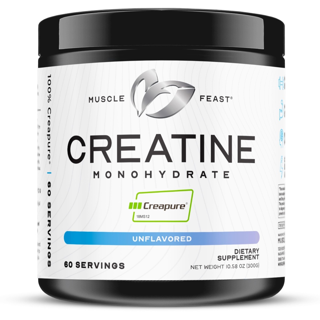 Muscle Feast Creapine Creatine Monohydrate Powder, Vegan Keto Friendly Gluten- Free, Mass Gainer, Muscle Recovery Suplement dan Trusted Creatine for Muscle Growth, Creatine Powder, Unflashored, 300g