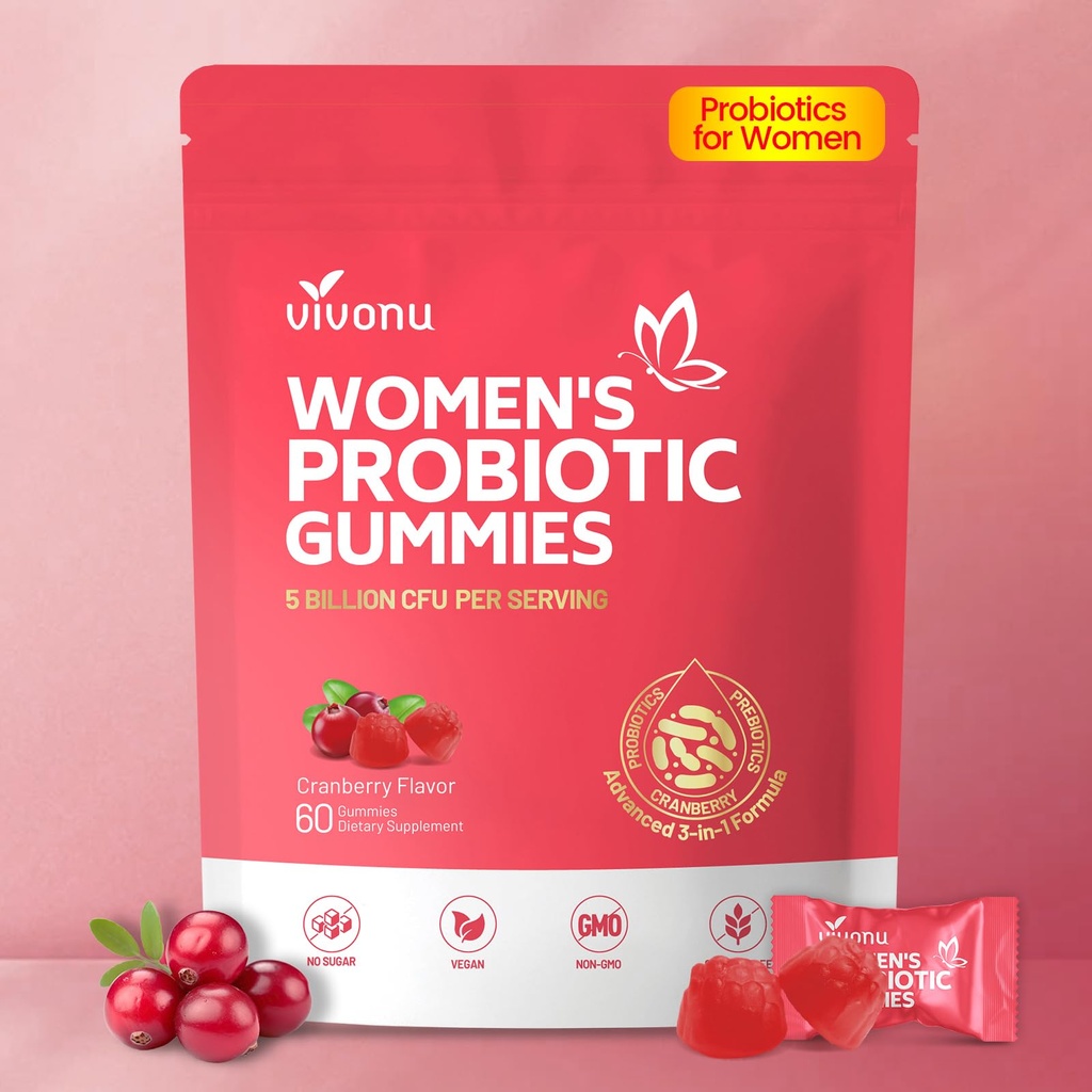 VivoNu Viginal Prograin for Women, Women Probiotic Gummies, Feminin Saldo, Prebiotic Gummy, Cranberry Prograin for Woman Vaginigal Health, Yeast Ph Saldo 124; 60 Gummies