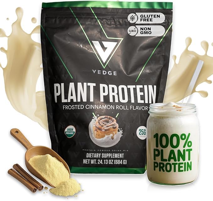 vedge Vegan Protein Powder - Tanaman Protein Powder dengan Pea, Labu & Sunflower - USDA Organik, Amino Acids, Dairy Free, Gluten Free, Soy Free, Keto, Non GMO, Smooth Texture - Cinnamon - 20 Services