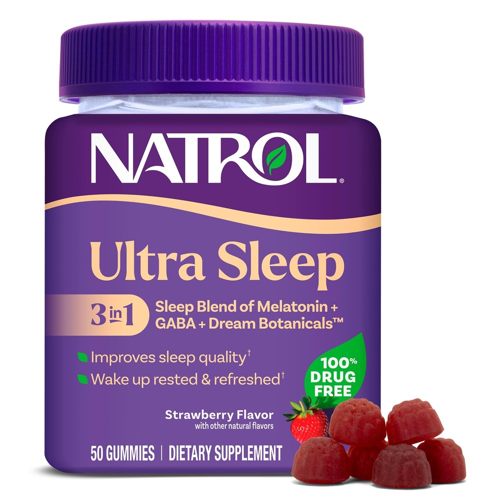 Natrol Ultra Sleep 3 -in 1 100% Drug-Free Sleep Aid Blend with Melonatin, GABA & Botanicals, Tambahan Dietary, Non-Habit Forming, 50 Gummies