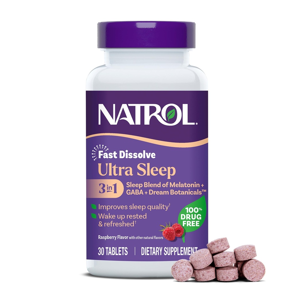 Natrol Ultra Sleep 3 -in 1 100% Drug-Free Sleep Aid Blend with Melonatin, GABA & Botanicals, Tambahan Dietary, Non-Habit Forming, 30 Fast Dissolve Tablet