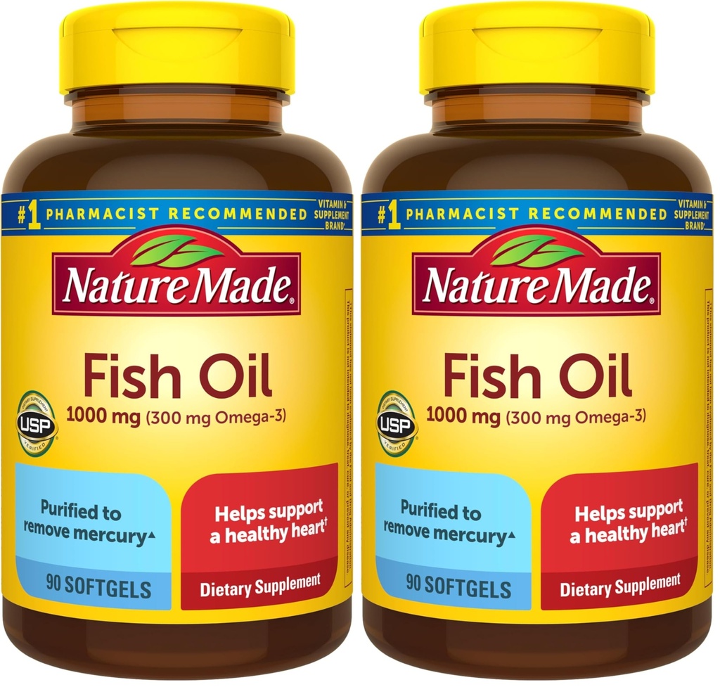Suplemen Nature Made Oil Omega 3, 1000 mg Softgels, Minyak Ikan Omega 3 untuk Dukungan Hati Sehat, 90 Softgels, Persediaan 45 Hari (Paket 2)