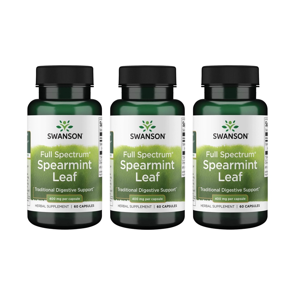 Swanson Spearmint Leaf (Mentha Spicata) -Full Spectrum Herbal Supplement Suplemen Kesehatan Digetical & Mild Perut Issult - (60 Capsules, 400mg Masing-masing) 3 Pack