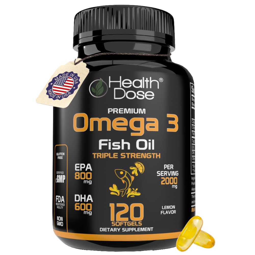 Health Dose Omega 3 Fish Oil 2000mg - Lemon- Flavored Softgels dengan EPA 800mg & DHA 600mg for Brain, Heart, and Wellness Support - Easy-to- Digest, No Fish Burps - 120 Softgels, 2 Bulan Supply