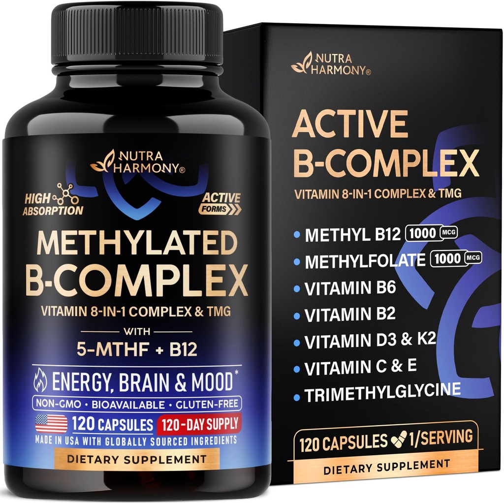 Methylated Vitamin B - B- Complex with Methylfolat & B12 - Biovailable for Men & Women - 9-in- 1 Methylated Multivitamin - Energy, Brain & Mood - Vegan - Made in USA - 120 Capsules, One / Day