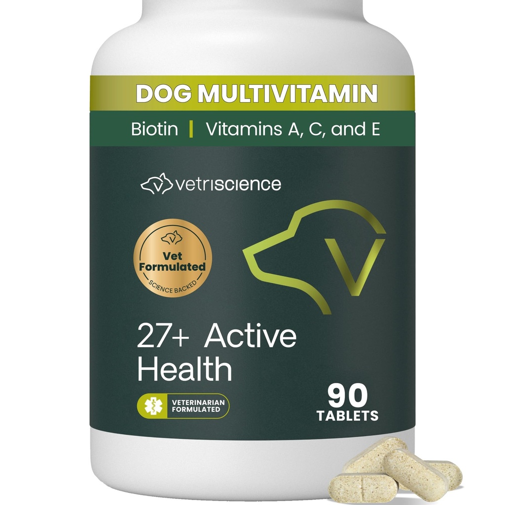 VetriScience 27 + Active Health Cable Tablet, Canine Plus Daily Multivitamin for Puppy and Adult Dogs, balanced Vitamin, Mineral dan Antioksidants, Kesehatan dan Wellness Duck, 90 Count