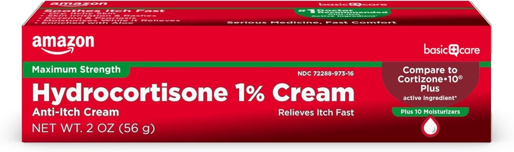 Basic Care Maximum Power Hydrocortisone 1 Percent Anti- Itch Cream Plus 10 Moisturizers, 2 ons (Pack of 1)