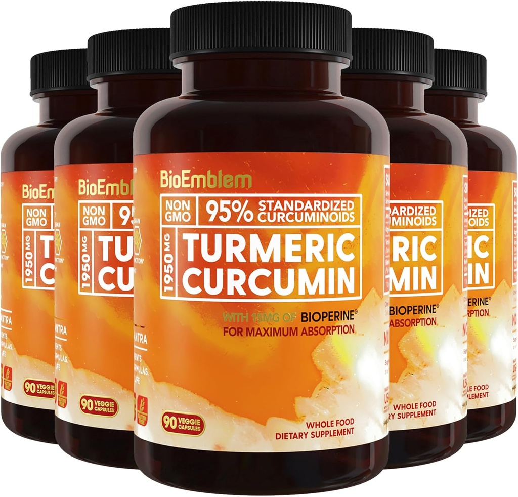 Suplemen BioEmblem Curcumin dengan BioPerine 124; Dukungan Gabungan & Heart Health 124; dengan Bubuk Turmeric Organik & 95% Curcuminoid Ekstrak 124; California Dibuat, Non-GMO, 150- Day Suppply