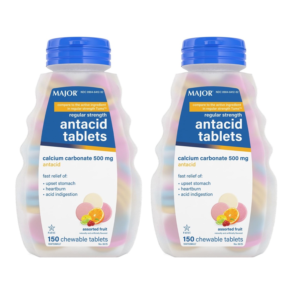 MAJOR Reguler Strength Antax Tablet - Calcium Carbonate 500 mg - Asported Fruit Flavor - 150 Chewable Count (2 Pack)