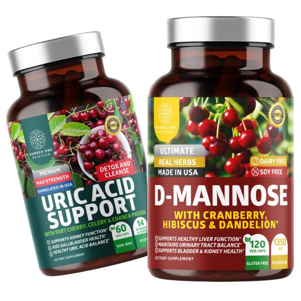 Number One Nutrition N1N Premium D-Mannose dengan Cranberry & Hibiscus [1350mg], 120 Capsules, dan Uric Acid Dukungan dengan 14 Magnifics, 60 Capsules, 2 Pack Bundle