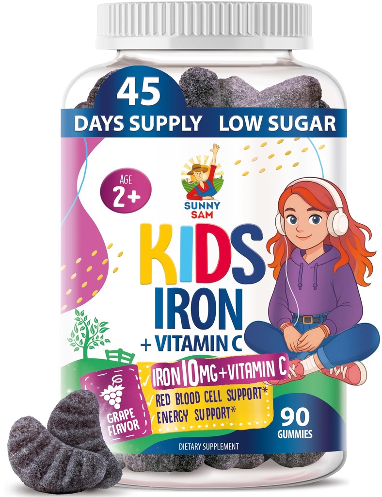 SUNNY SAM Iron Gummies for Kids & Teens - 10mg Iron Vitamin with Vitamin C - Lower - Sugar Chewable Gummy Support, Support Red Blood Cell Production for Children & Teen Girls