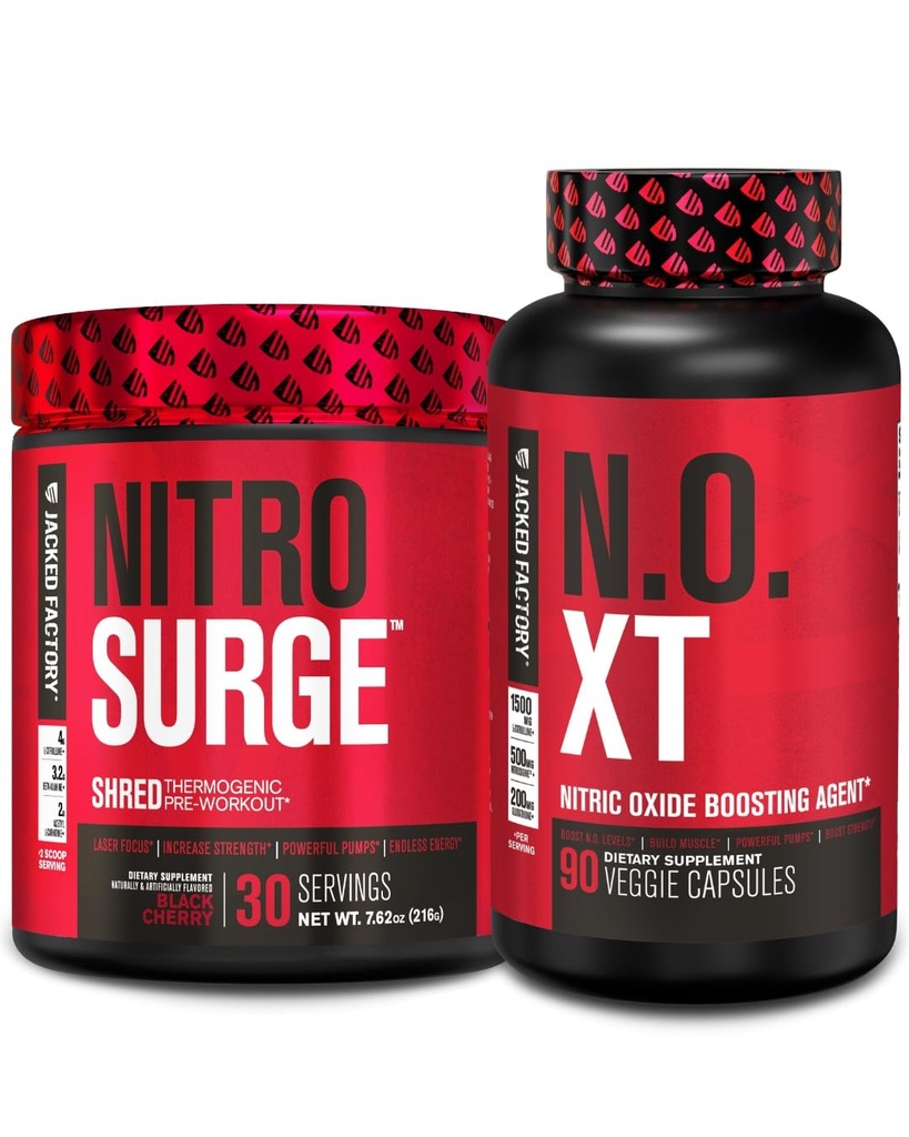 Jacked Factory Nitrospush Shred Thermogenic Pre-Workout di Black Cherry & N.O. XT Nitric Oxide Booster untuk Pria & Perempuan