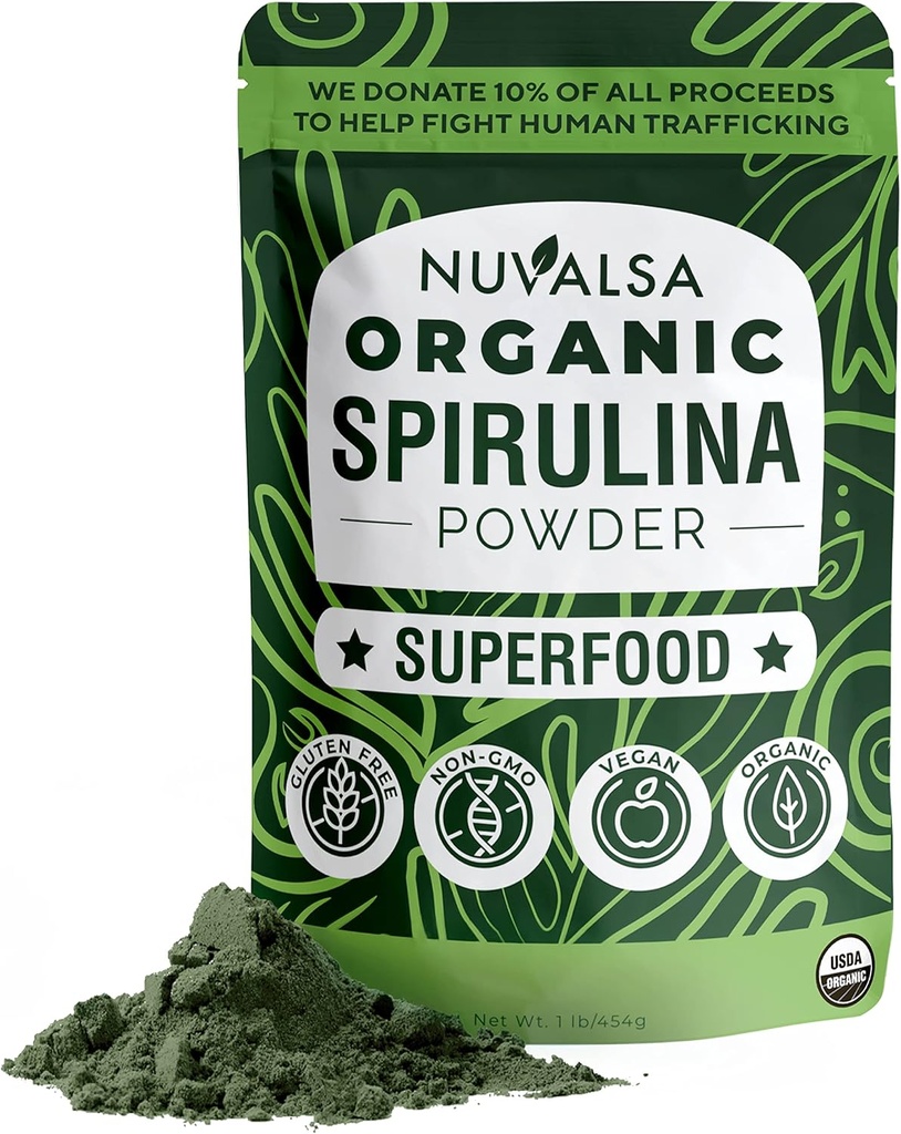 Nuvalsa Organic Spirulina Powder 1lb - 100% Suffood Suffood Suplemen Dari Blue Green Algae Non GMO untuk Smoothie & Protein Drink, Vegan & USDA Sertifikasi Organik - 100 Pelayan