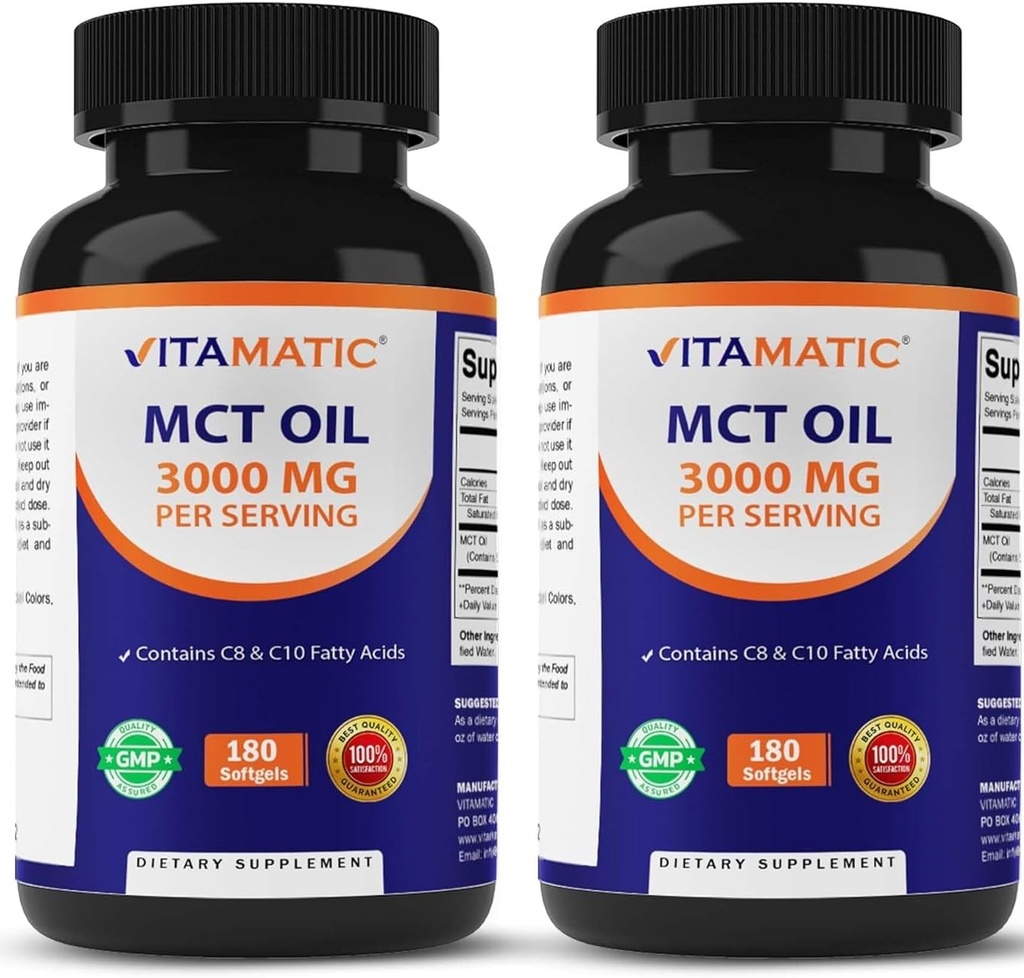Vitamatic 2 Packs MCT Oil Capsules 3000 mg per Serving - 180 Softgels - dari Coconut Oil - mengandung 55% caprylic Acid C8 dan 40% capric Acid C10 (Total 360 Softgel)