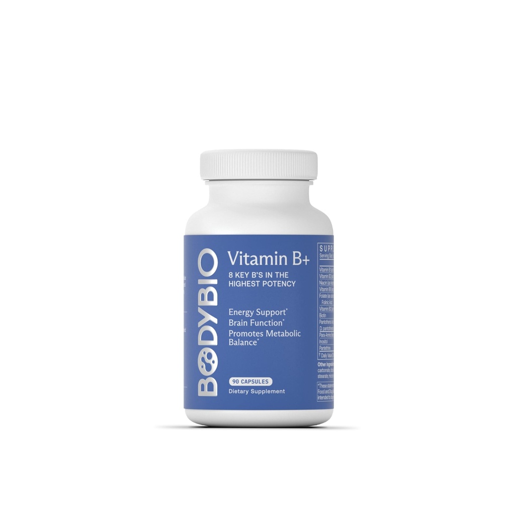 BodyBio - Vitamin B Kompleks termasuk B1, B2, B3, B5, B6, Metil B12, Akif Folic Acid, 5-MTHF, dan B7 to Supports Alertiness, Metabolisme & Imune System, 90 Capsules