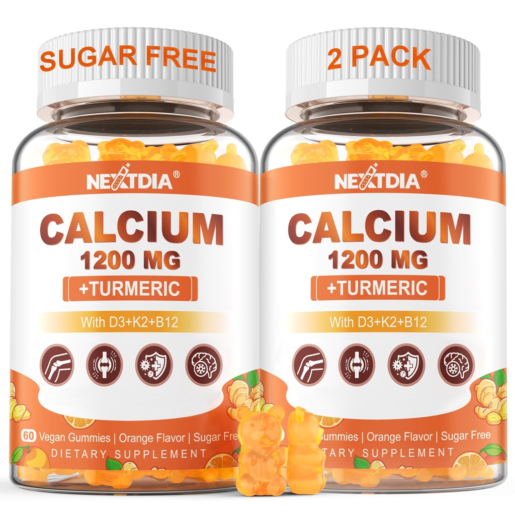 Kalsium 1200 mg dengan Vitamin D3 Gummies - Calcium + Turmeric Suplemen Perempuan dan Pria dengan Vitamin K2 B12 - Dukung Bone & Muscle - Sugar Free - Vegan (120 Count)