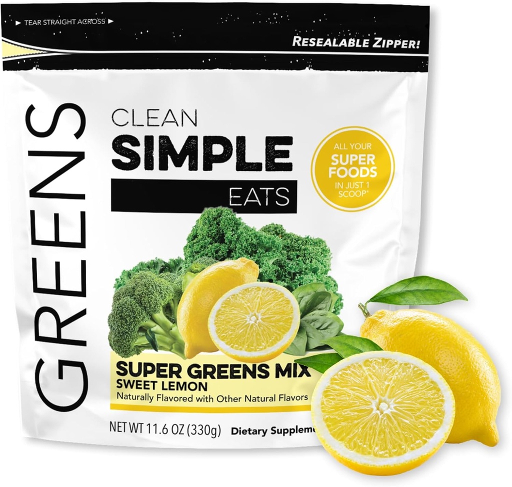 Clean Simple Eats Super Greens Powder, Alami Flavored Greader dengan Chlorella, Spirulina, Superfoods & Prebiotic Fiber, No Articial Ingrediens, Gluten Free, Sweet Lemon Flavor, 30 Servis