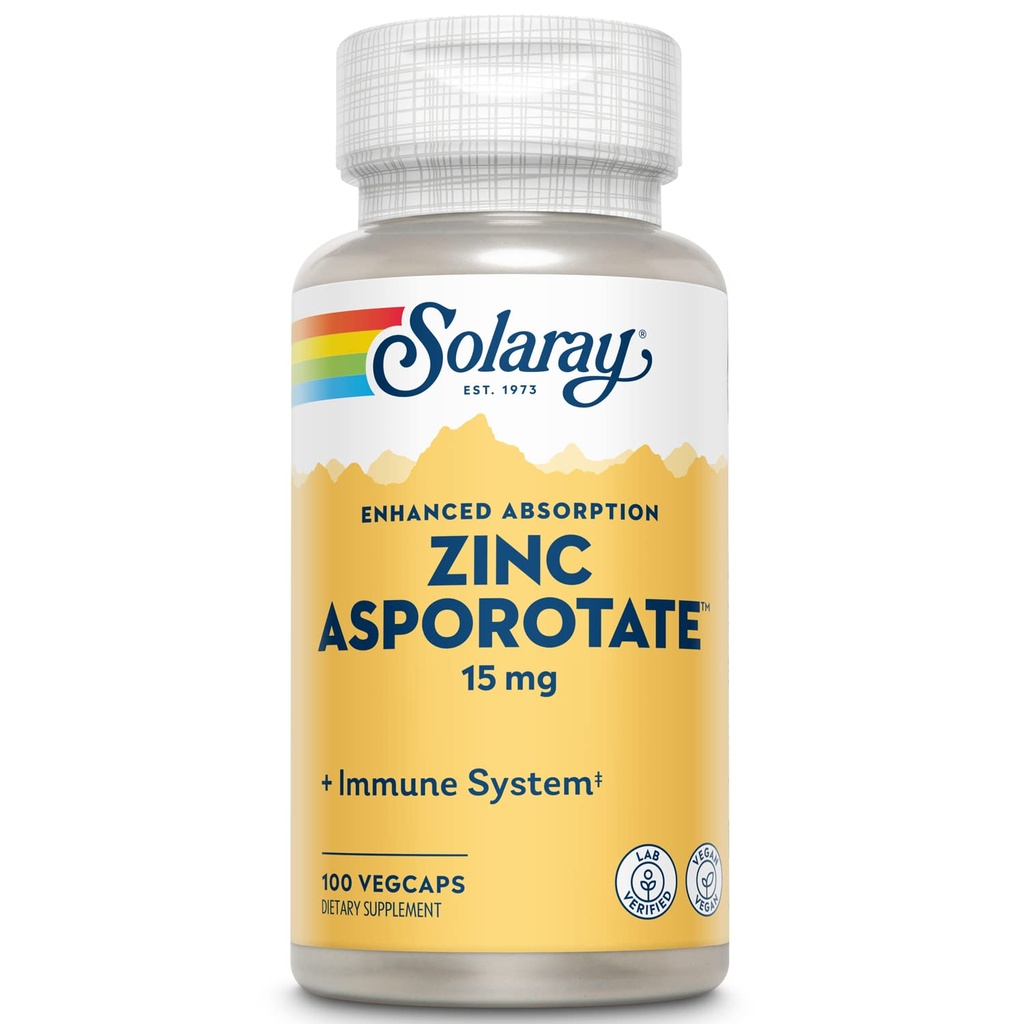 Solaray Zinc Asporotate 15mg Chelated Complex 124; Ammune & Endokrin Dukungan, Sel & Skin Kesehatan Formula, 100 VexCaps