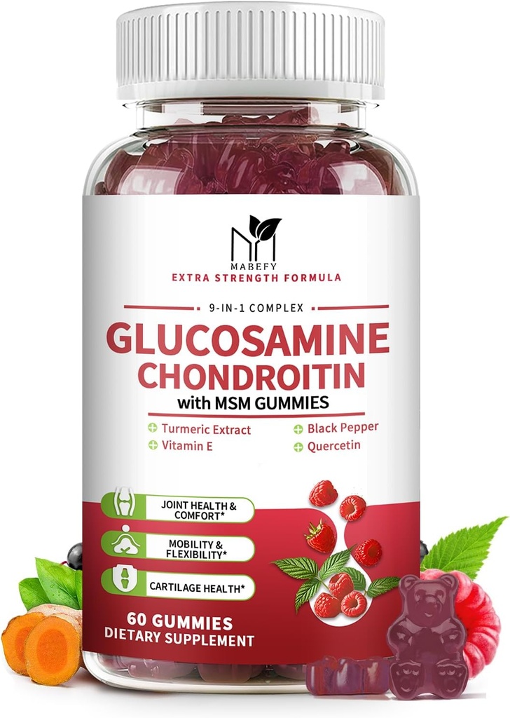 Glucosamin Chondroitin Gummies Triple Kekuatan (1,000mg Glucosamine, 750mg Chondroitin) dengan MSMM, Turmeric, Quercetin, Vitamin E, Dukungan Bersama Suplemen, Antioxidant 60 Gummies Raspberry Flavor