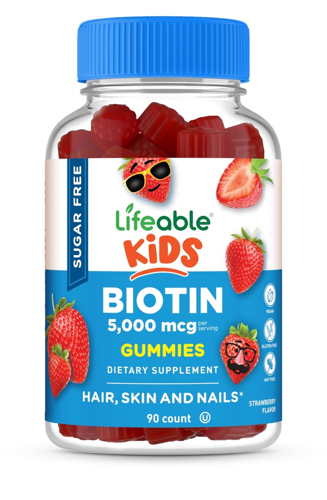 Lifeable Sugar Free Kids Biotin Gummies | 5000mcg | Great Tasting Biotin Supplement | Biotin Gummies for Hair Growth, Skin and Nail Health | Hair Vitamins for Kids, Boys, Girls | 90 Gummies