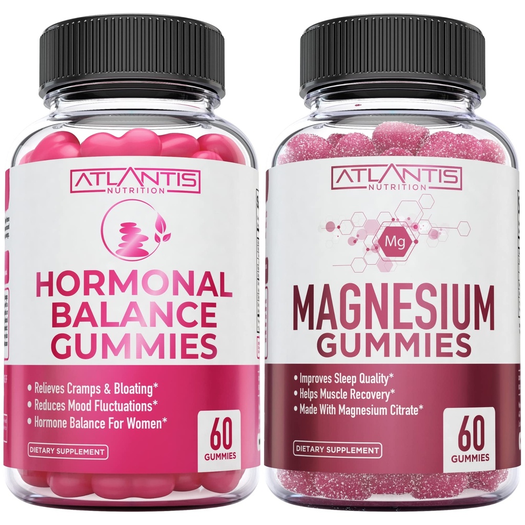 Keseimbangan Hormonal & Magnesium untuk Kram Otot, Gummies PMS Leviate Bloating & Mood, Magnesium Membantu Mencegah Kram & Proms Muscle - 60 Vegan Gummies Per Botol