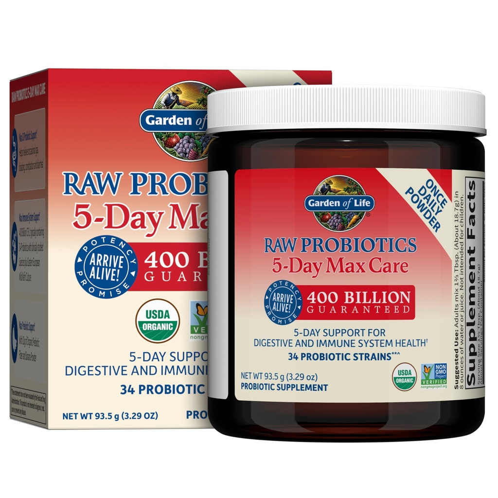 Garden of Life Raw Progities 5- Day Max Care - 400 Milyar CFU - Powder Probiotic untuk Digetical & Imune Dupport - Banana, 5 Servis