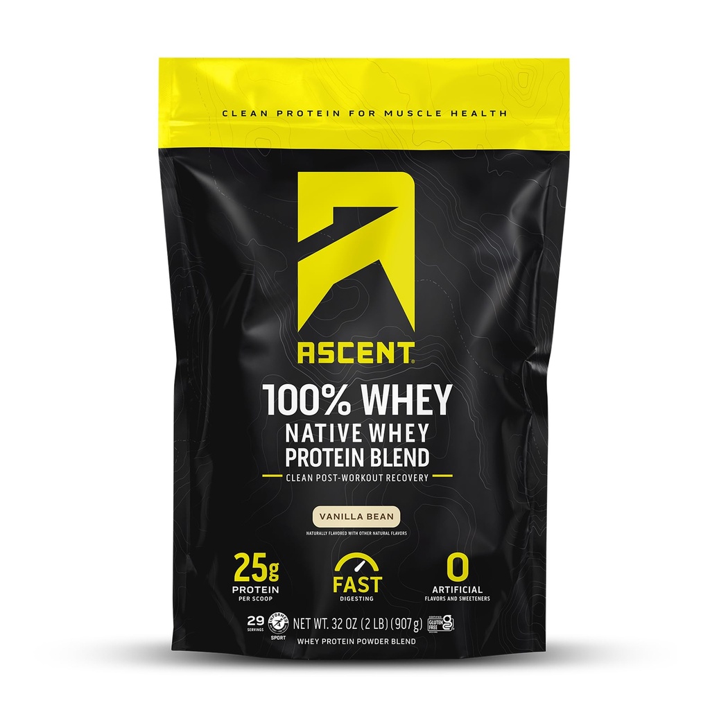 Ascent 100% Whiy Protein Powder - Post Workout Whey Protein Isolate, Zero Artificial Flavors & Sweeteners, Soy & Gluten Free, 5.5g BCAA, 2.6g Leucine, Esparous Acids, Vanilla Bean 2 lb