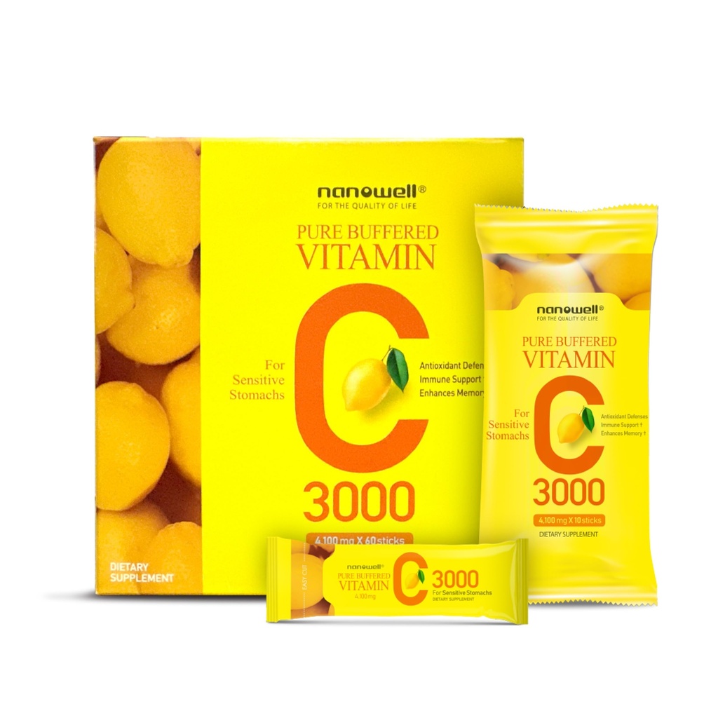 NANOWELL Pure Buffered Vitamin C 3000 mg per Serving, Dietary Supplement for Imune Dues - 60 Sticks x 1 Box, 2 Months Supply (60 Count)