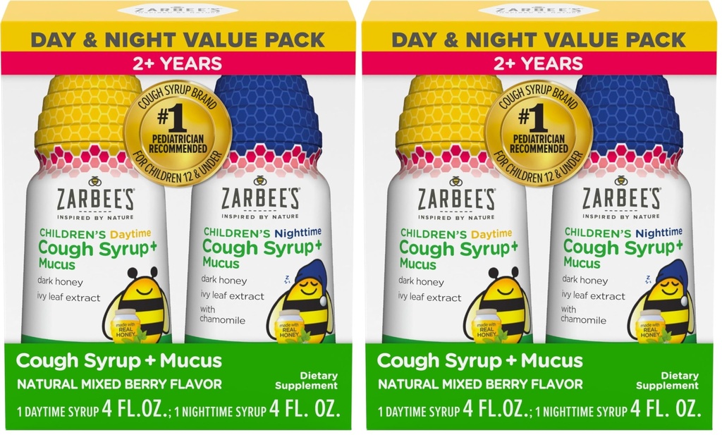 Zarbee 's Children' s Cough Syrough + Mucus Day & Night Value Pack, Daytime Toddler Cyrup, Dark Honey, Ivy Leaf Extract, Chamomile, Mixed Berry Flavor, 4 Fl Oz, (Paket 4)