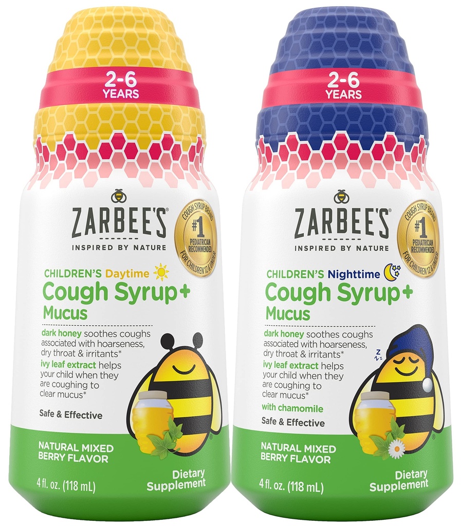 Bundle of Zarbee 's Kids Cough + Mucus Daytime and Nighttime for Children 2-6 with Dark Honey, Ivy Leaf, Zinc & Elderberry, 1 Pediatrician Rekomendaded, Drug & Alcohol- Free, Mixed Berry Flavor, 4FL Oz