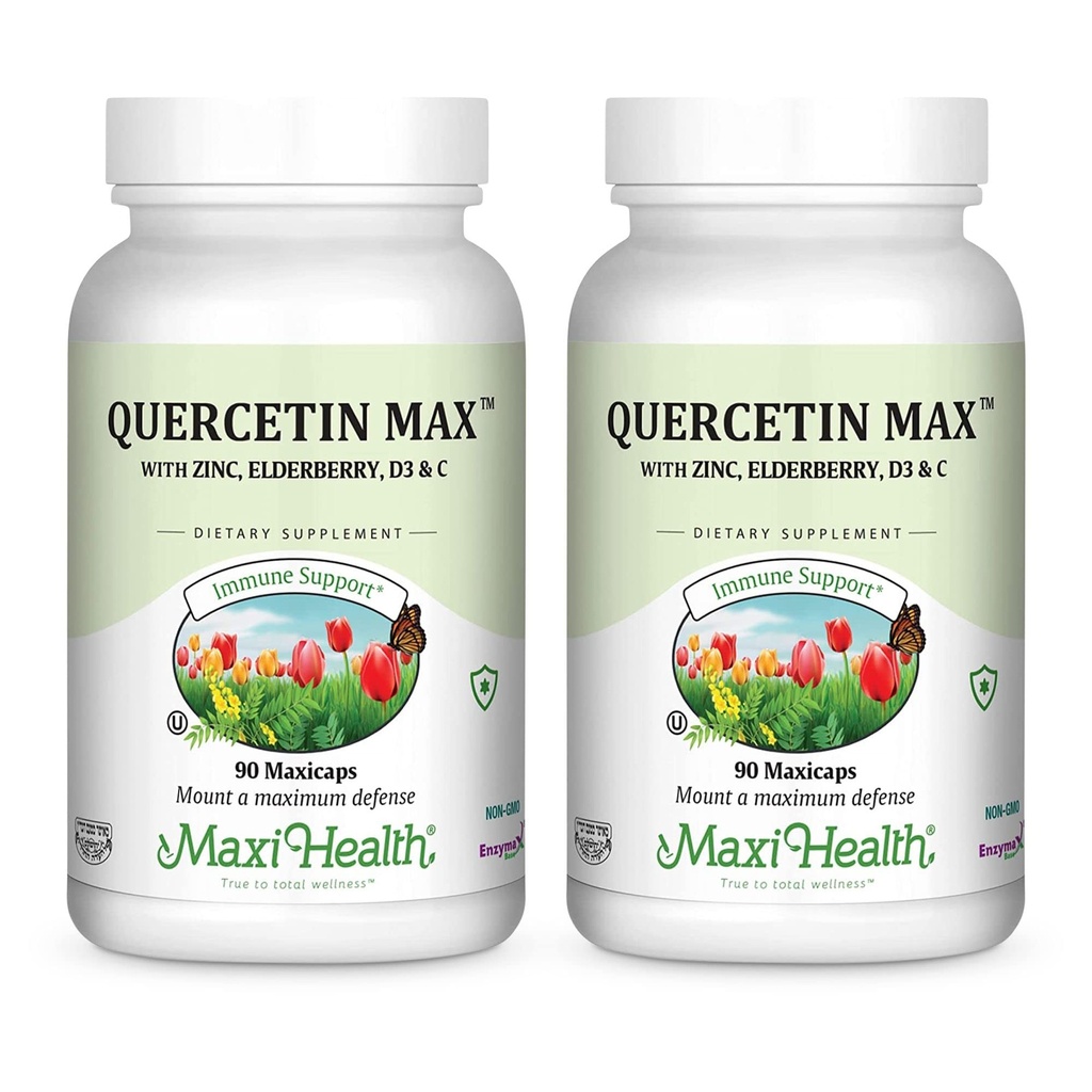 Maxi Health Quercetin 500mg Kapsul - Zinc Suplemen Perempuan dan Pria - Non-GMO, Kosher, dan Gluten- Free Quercetin Suplemen dengan Elderberry Vitamin C dan Zinc (90 Veg Capsules, Paket 2)