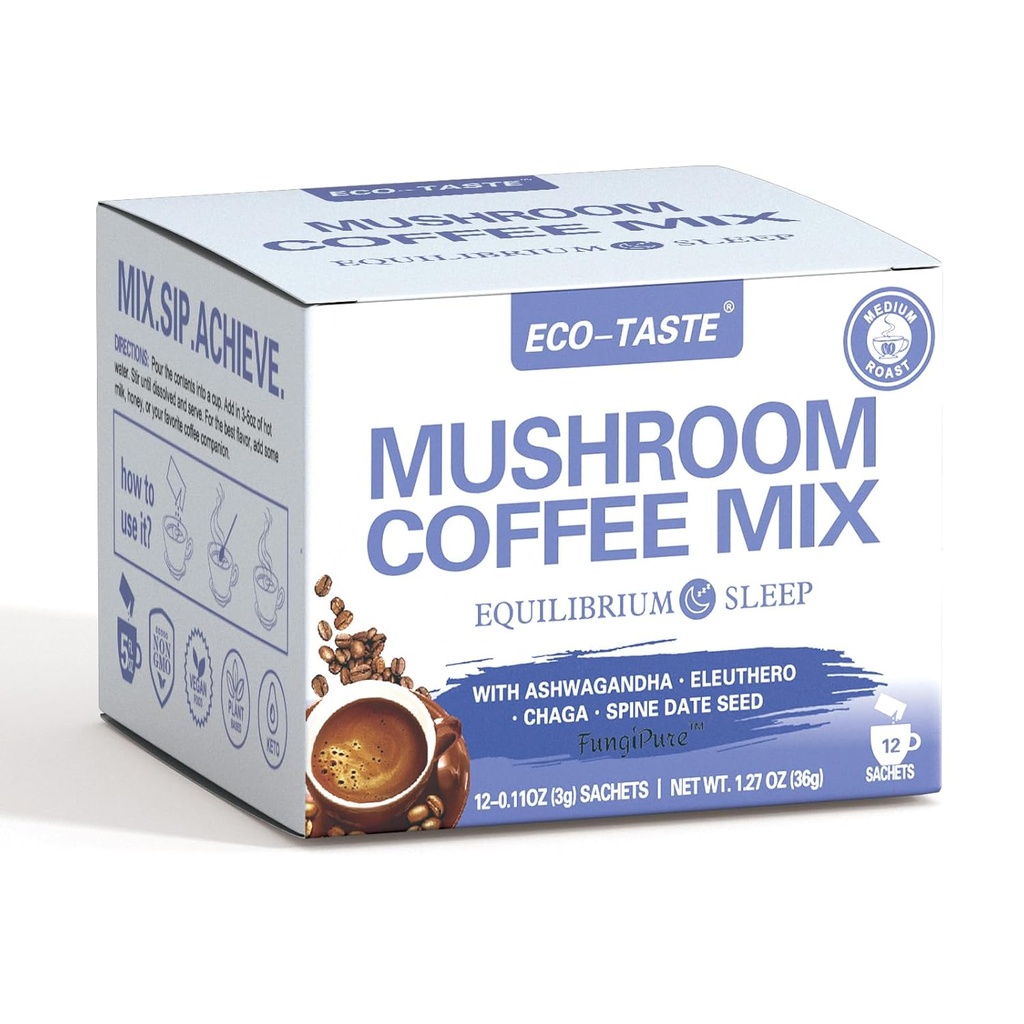 ECO-TASTE Jamur Mix, Dirancang untuk keseimbangan dengan Ashwagandha, Eleuthero, Chaga, Spin tanggal benih - 12 Sachets