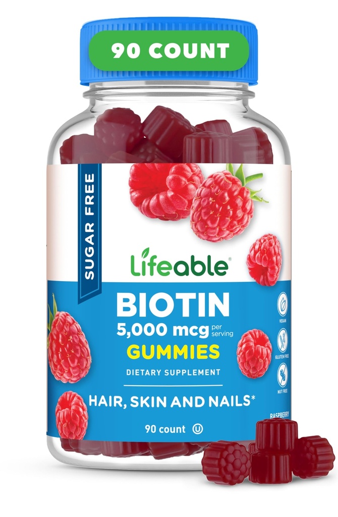 Lifeable Sugar Free Biotin Gummies 124; 5000mcg Vitamin B7 124; Tasting Biotin Suplemen Agung 124; untuk Pertumbuhan Rambut, Skin dan Nail Kesehatan 124; Persediaan Rambut untuk Perempuan, Pria, Dewasa 124; 90 Mimun