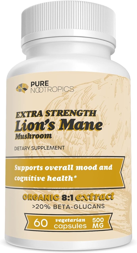 Murni Nootropics - Mane Singa Organik 8: 1 Mushroom 500 mg 124; Ekstraksi Dual 124; 60 Vegetarian Caps 124; > 20% beta- ganisans 124; Hericium erinaceus 124; Kesehatan Otak