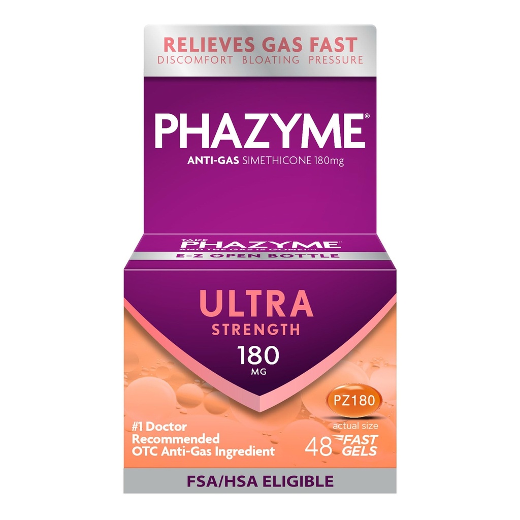 Phazyme Gas Relief, Ultra Power Gas dan Bloating Relief untuk Dewasa, 180 mg Simejicon Fast Gels, 48 Count