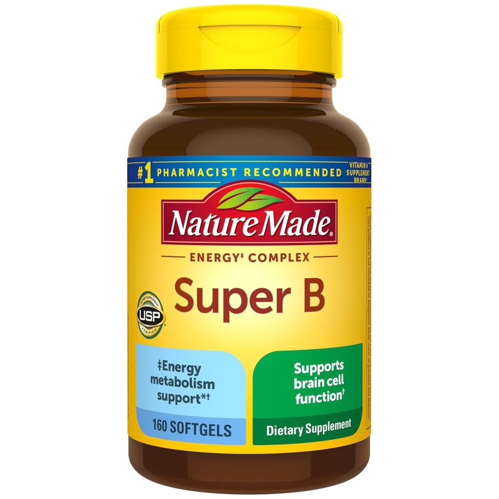 Nature Made Super B Complex Vitamin for Women and Men, Dietary Suplemen Energi Metabolisme Dukungan, Super Vitamin B Complex, 160 Softgels, 160 Hari Suppply