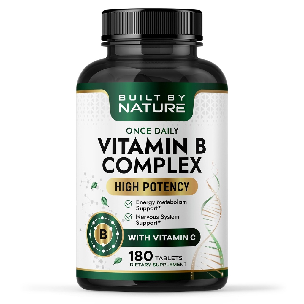 Dibangun oleh Nature Vitamin B Kompleks - Super B Vitamin for Women & Men - Energy, Stress & Imune Dupport - Tinggi B Vitamin Kompleks dengan B12 - 180 Tablet