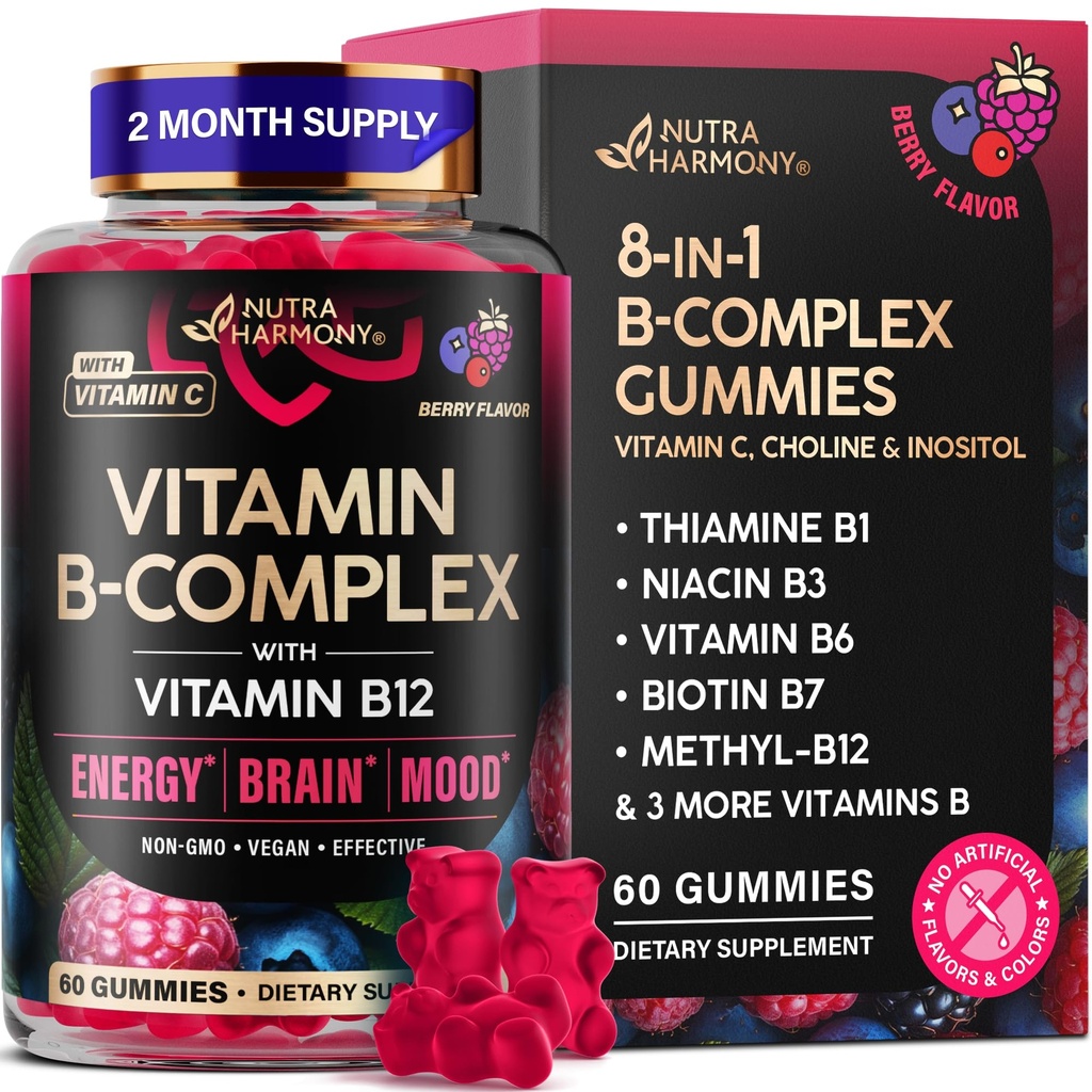 Vitamin B-Complex Gummies untuk Perempuan & Pria - Vitamin B12, B1, B2, B3, B5, B6, B7 & B9 - B Kompleks dengan Vitamin C & Choline - Energi, Otak & Mood