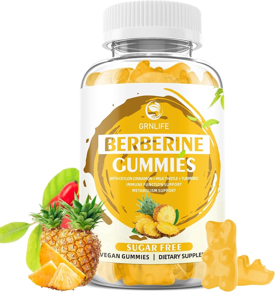 Berberine Gummies dengan Ceylon Cinnamon 1500mg Potensi Tinggi Berberine HCL Tambahan untuk Imune dan Metabolisme Dukungan, Sugar Free, Pineapple Flavor - 60 Count