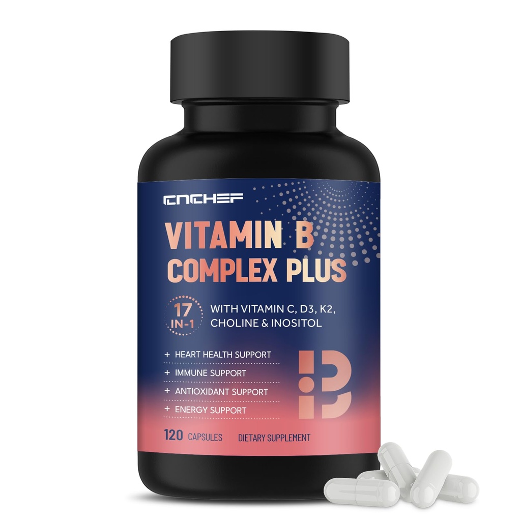 17- 1 Vitamin B Kompleks Plus - Vitamin B1, B2, B3, B4, B5, B6, B7 (Biotin), B8 (Inosiol), B9, B12, C, D3, K2, Energi, Imune, Skin, Nerve Dukungan untuk Pria & Women - 120 Kasules