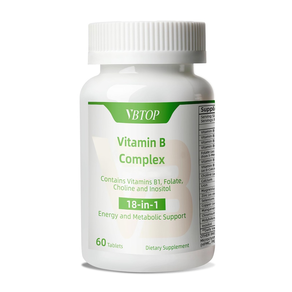 Vitamin B Complex, dengan Vitamin B1, B2, B3, B5, B6, B12, Acid folic, Choline, zinc, Calcium, inositol, untuk Brain and Heart Health, dan Dukungan Energi Cellular, 60 tablet
