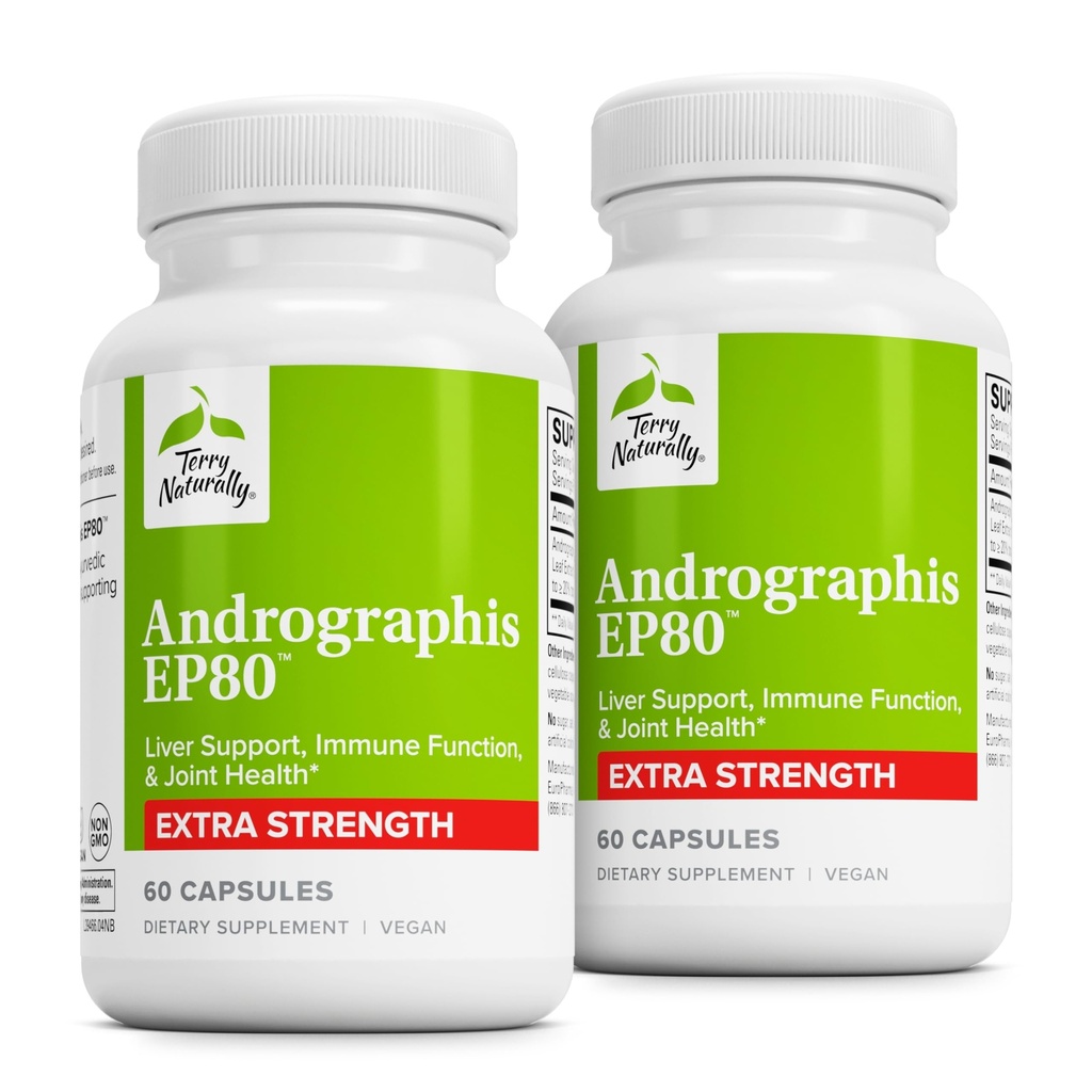 Terry Naturally Andrographis EP80 Ekstra Kekuatan - Kesehatan Otak & Imune Dukungan - Dukungan Kesehatan Gabungan untuk Perbaikan Bantuan Bantuan - Adaptogen untuk Dukungan Energi & Hati - 60 Kasules (Paket 2)