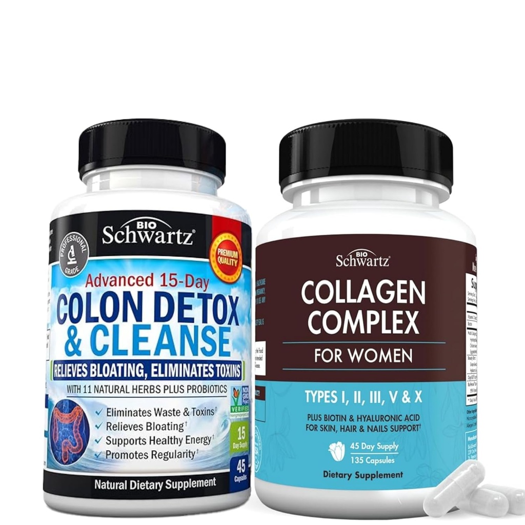 BioSchwartz 15 Day Cleanse for Colon and Gut Health Plus Hydrolyzed Collagen Peptide Capsules (Supply Hari 45)